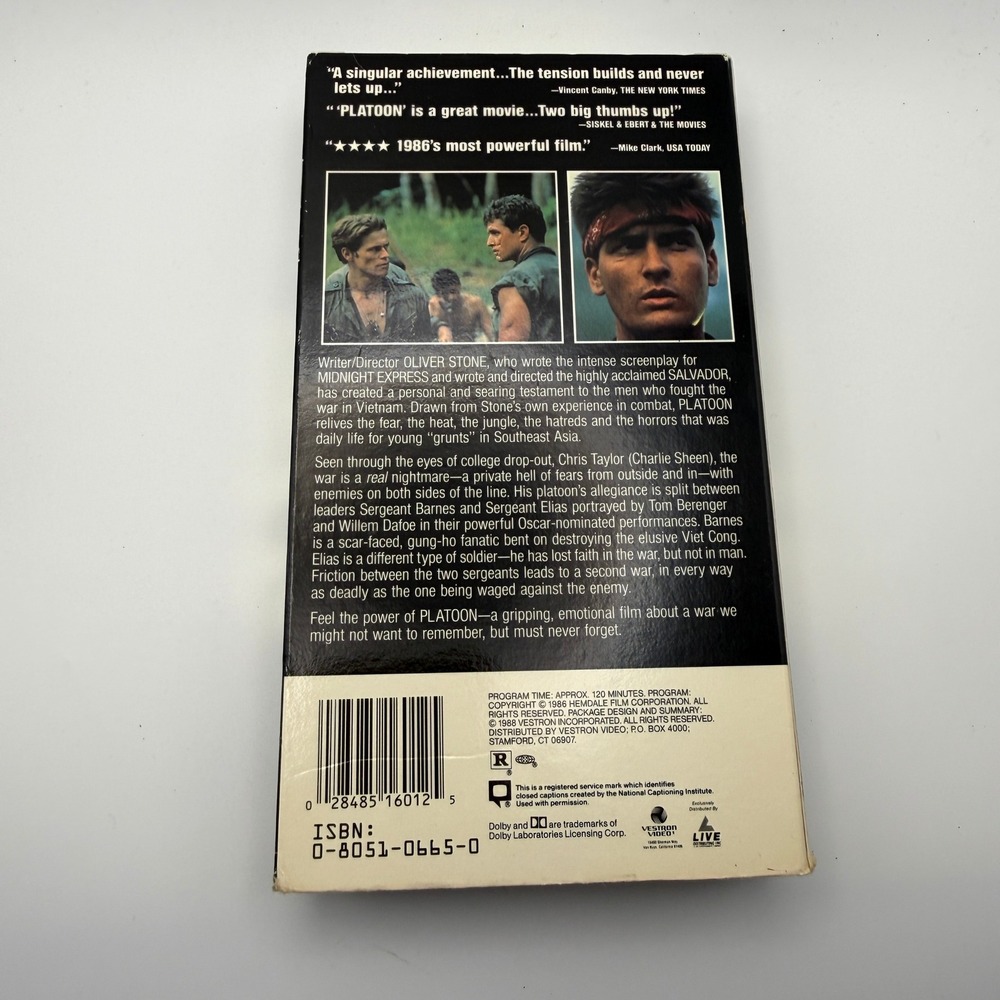 Platoon VHS 1988 Vestron Video Oliver Stone Charlie Sheen Best Picture Gold Foil - Picture 3 of 5